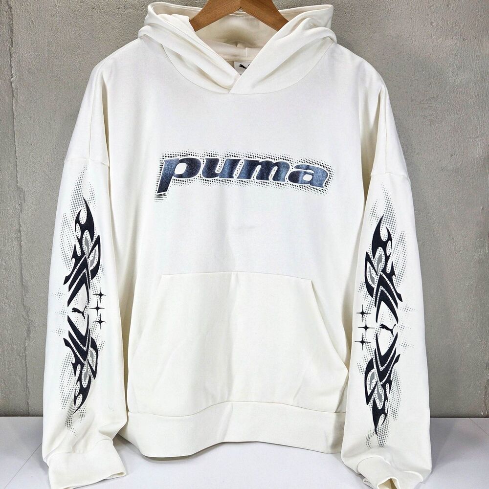 Puma PUMATECH-X Boxy Cream Hoodie Black Tribal Y2K Streetwear Sz L